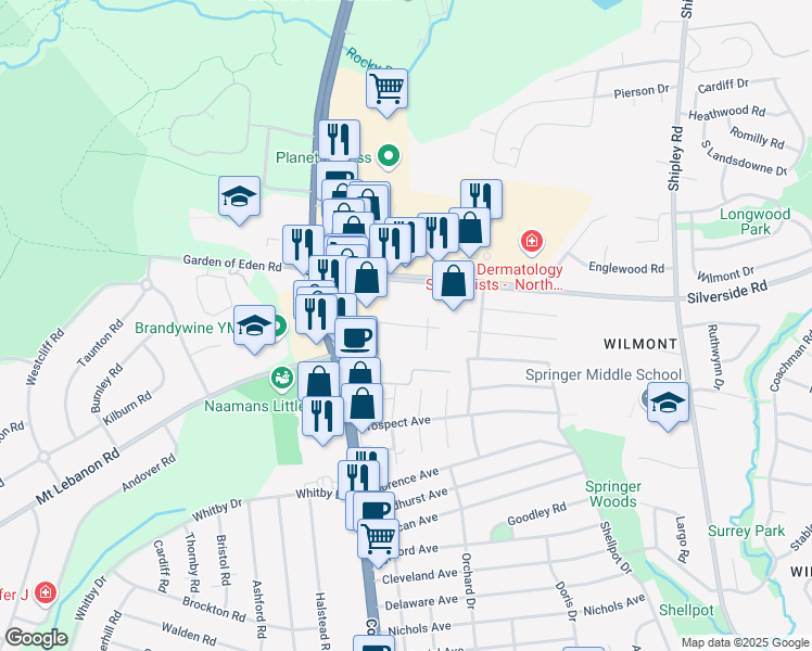 map of restaurants, bars, coffee shops, grocery stores, and more near 301 Half Acre Drive in Wilmington