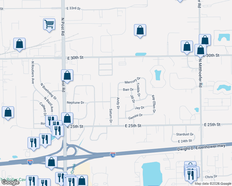 map of restaurants, bars, coffee shops, grocery stores, and more near 9327 Neptune Drive in Indianapolis