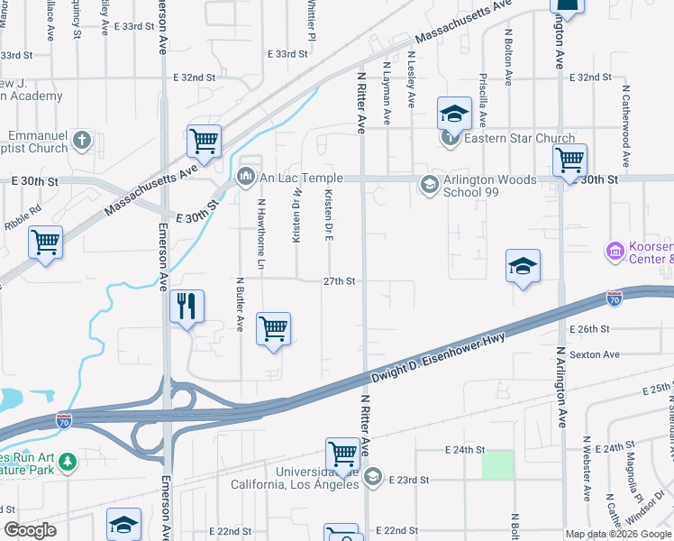map of restaurants, bars, coffee shops, grocery stores, and more near 2651 Kristen Drive in Indianapolis