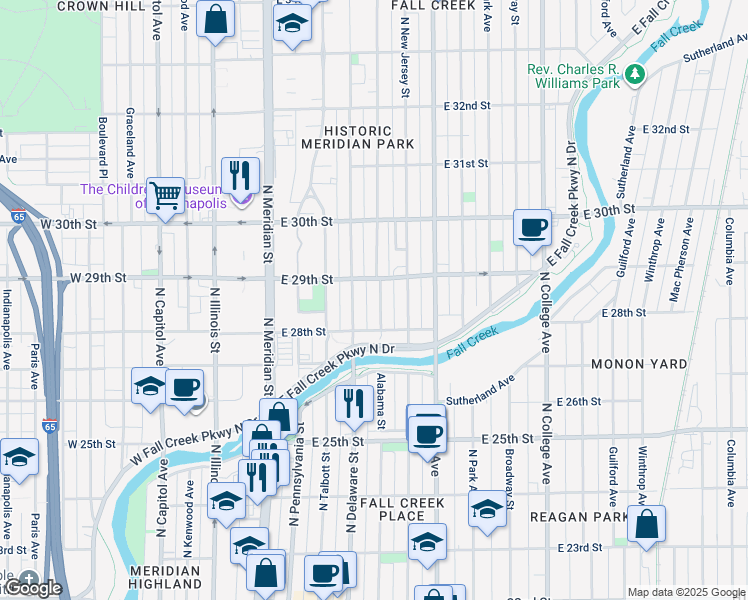 map of restaurants, bars, coffee shops, grocery stores, and more near 2815 North Delaware Street in Indianapolis