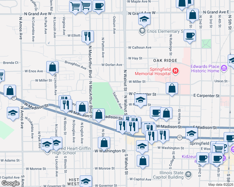 map of restaurants, bars, coffee shops, grocery stores, and more near 501 North Walnut Street in Springfield