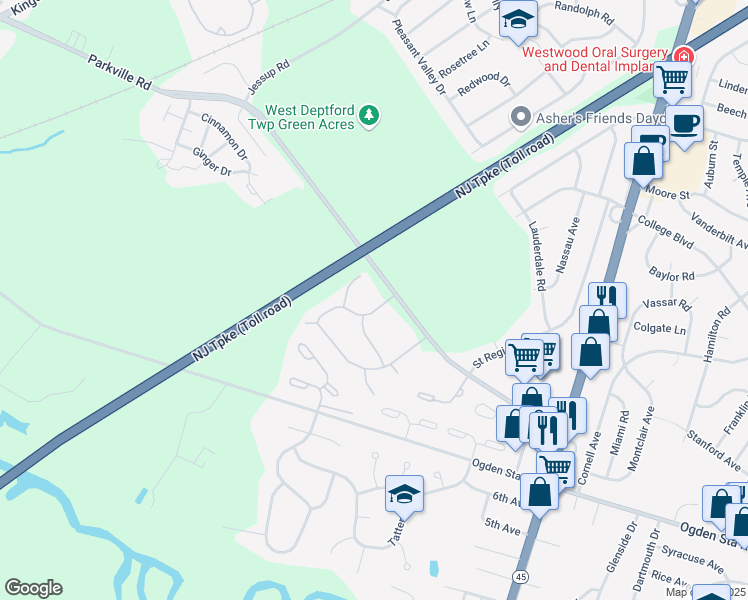 map of restaurants, bars, coffee shops, grocery stores, and more near 454 Heather Drive North in West Deptford