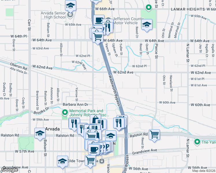 map of restaurants, bars, coffee shops, grocery stores, and more near 7550 West 61st Avenue in Arvada
