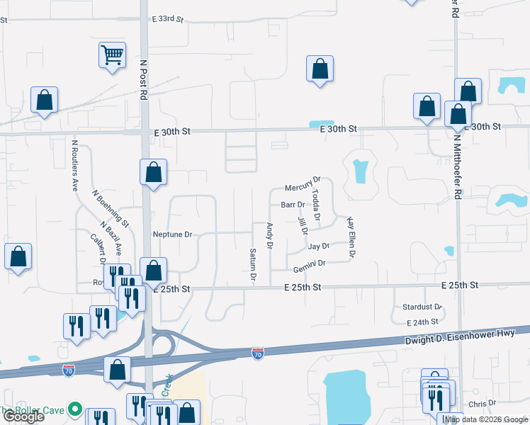 map of restaurants, bars, coffee shops, grocery stores, and more near 9327 Neptune Drive in Indianapolis