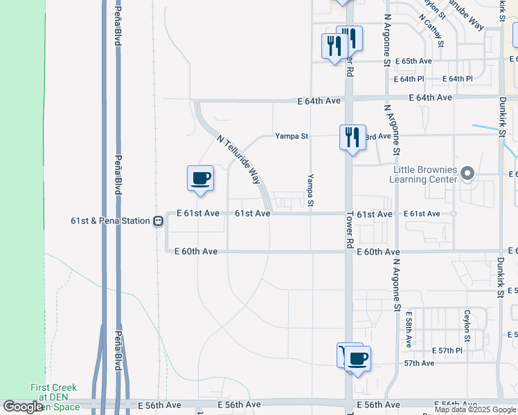 map of restaurants, bars, coffee shops, grocery stores, and more near 17607 East 61st Avenue in Denver