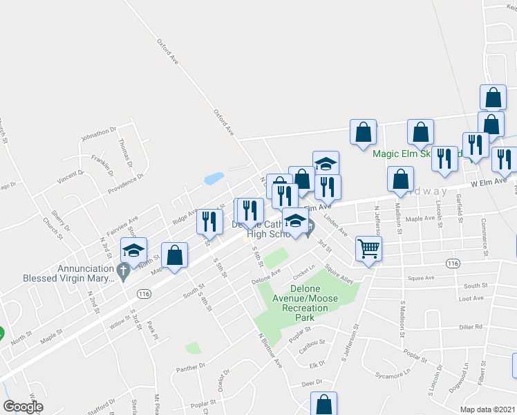 map of restaurants, bars, coffee shops, grocery stores, and more near 621 Maple Street in McSherrystown