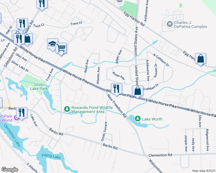 map of restaurants, bars, coffee shops, grocery stores, and more near 2009 South White Horse Pike in Clementon