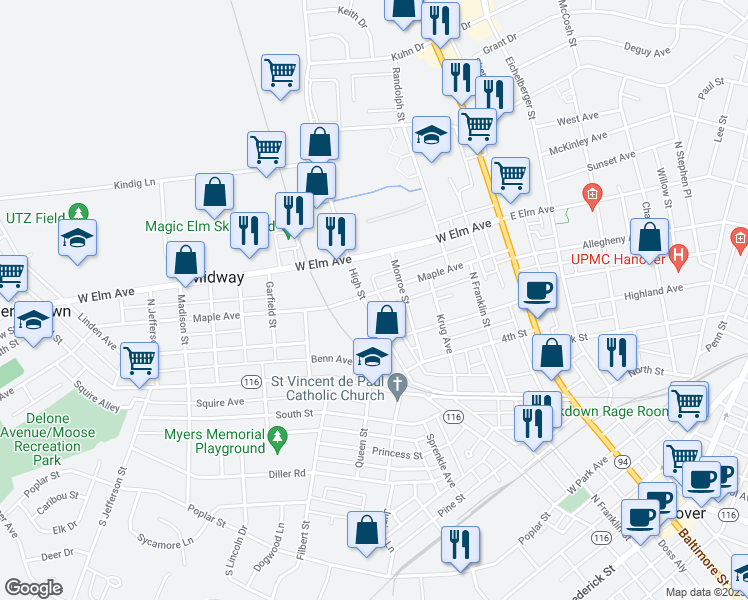 map of restaurants, bars, coffee shops, grocery stores, and more near 485 High Street in Hanover