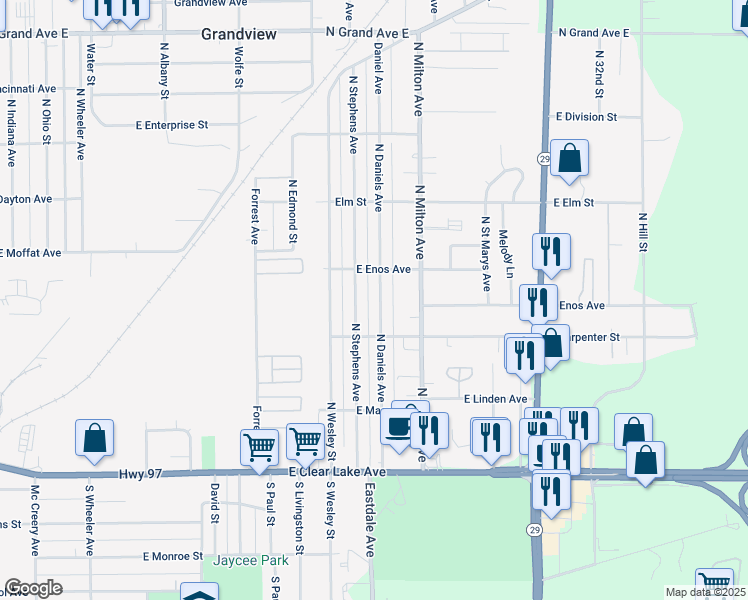 map of restaurants, bars, coffee shops, grocery stores, and more near 523 North Daniels Avenue in Springfield
