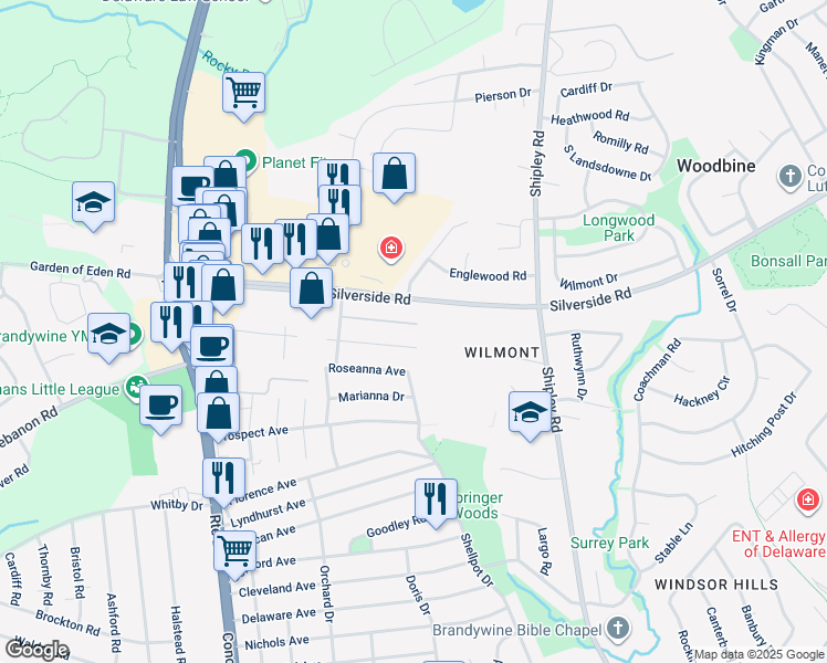 map of restaurants, bars, coffee shops, grocery stores, and more near 420 Lee Terrace in Wilmington