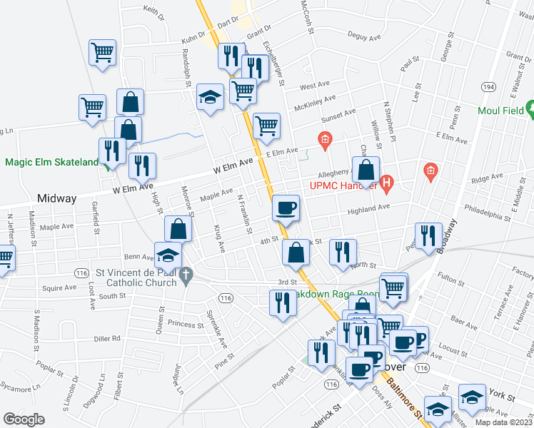 map of restaurants, bars, coffee shops, grocery stores, and more near 5 5th Street in Hanover