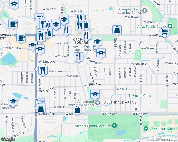 map of restaurants, bars, coffee shops, grocery stores, and more near 6057 Routt Court in Arvada