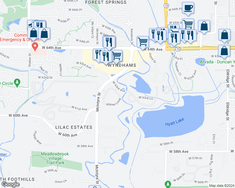 map of restaurants, bars, coffee shops, grocery stores, and more near 6232 Kilmer Loop in Arvada