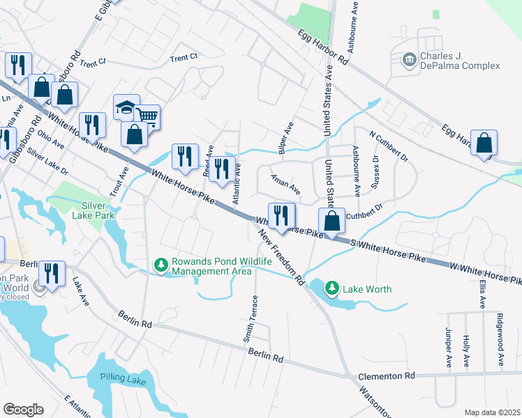 map of restaurants, bars, coffee shops, grocery stores, and more near 306 White Horse Pike in Clementon