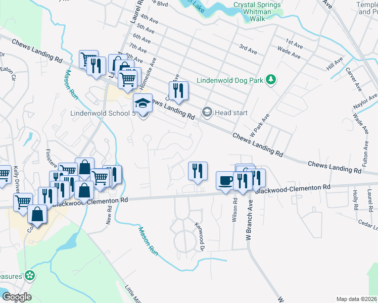 map of restaurants, bars, coffee shops, grocery stores, and more near 57 Dover Drive in Lindenwold