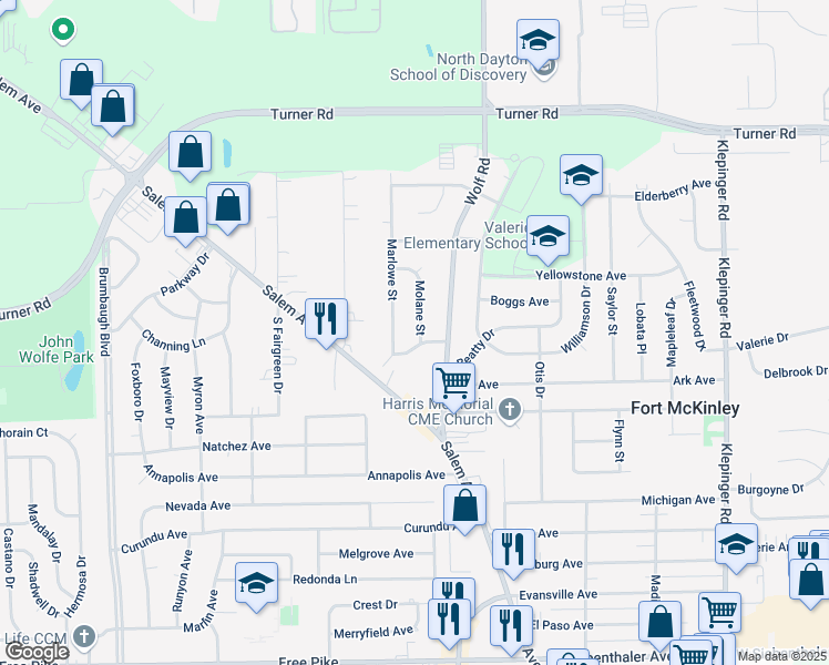 map of restaurants, bars, coffee shops, grocery stores, and more near 4161 Molane Street in Dayton