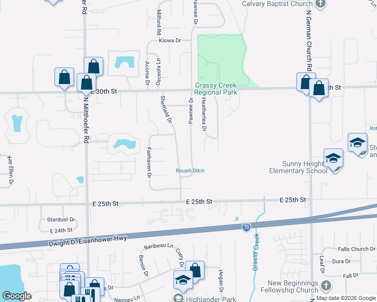 map of restaurants, bars, coffee shops, grocery stores, and more near 2701 Pawnee Drive in Indianapolis
