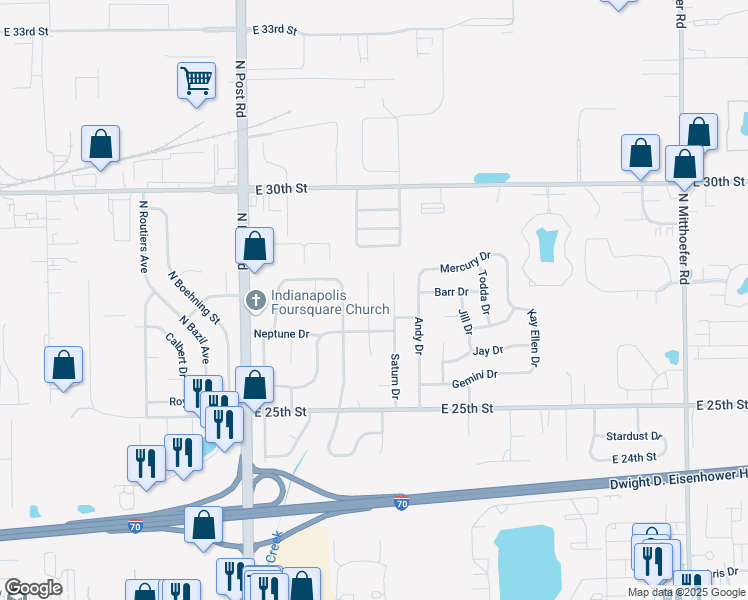 map of restaurants, bars, coffee shops, grocery stores, and more near 9236 Neptune Drive in Indianapolis