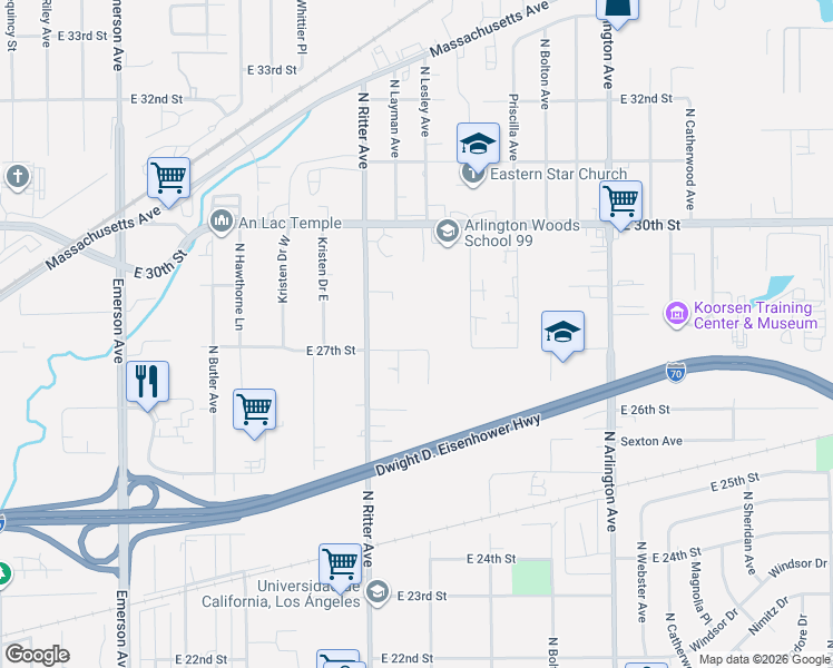 map of restaurants, bars, coffee shops, grocery stores, and more near 2600 North Lesley Avenue in Indianapolis