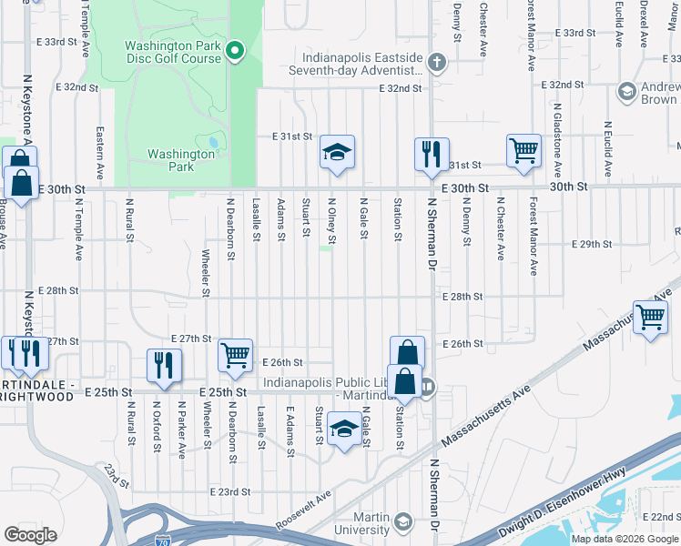 map of restaurants, bars, coffee shops, grocery stores, and more near 2802 North Olney Street in Indianapolis