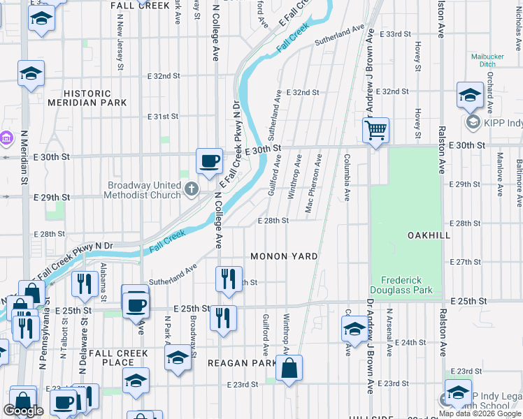 map of restaurants, bars, coffee shops, grocery stores, and more near 2752 Guilford Avenue in Indianapolis
