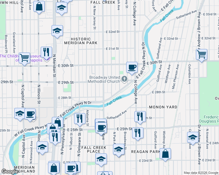 map of restaurants, bars, coffee shops, grocery stores, and more near 522 East Fall Creek Parkway North Drive in Indianapolis