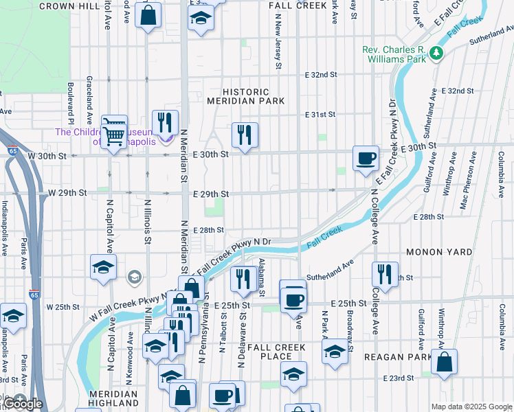 map of restaurants, bars, coffee shops, grocery stores, and more near 2815 North Delaware Street in Indianapolis