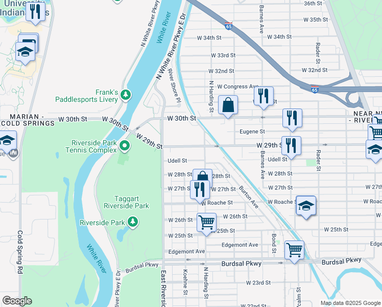 map of restaurants, bars, coffee shops, grocery stores, and more near 1421 Udell Street in Indianapolis