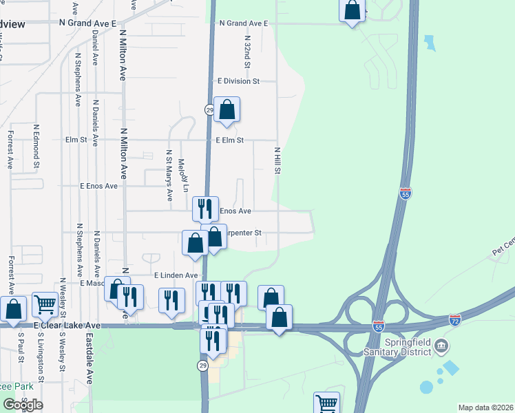 map of restaurants, bars, coffee shops, grocery stores, and more near 3302-3306 E Enos Ave in Springfield