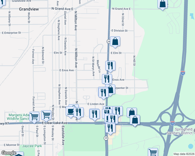 map of restaurants, bars, coffee shops, grocery stores, and more near 3001-3199 East Carpenter Street in Springfield