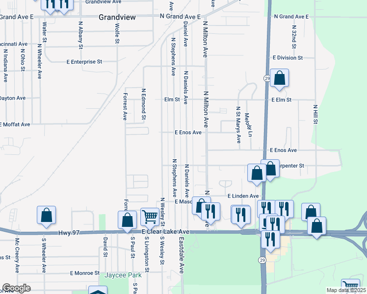 map of restaurants, bars, coffee shops, grocery stores, and more near 523 North Daniels Avenue in Springfield