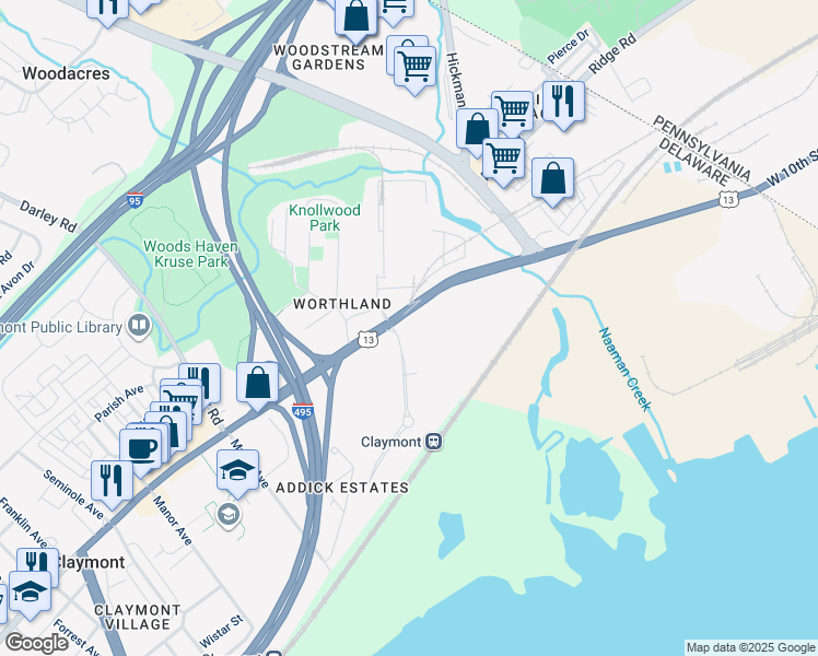 map of restaurants, bars, coffee shops, grocery stores, and more near 4500 Philadelphia Pike in Claymont