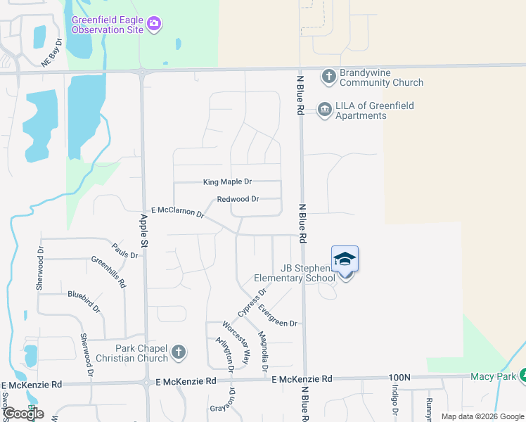 map of restaurants, bars, coffee shops, grocery stores, and more near 1380 White Birch Lane in Greenfield