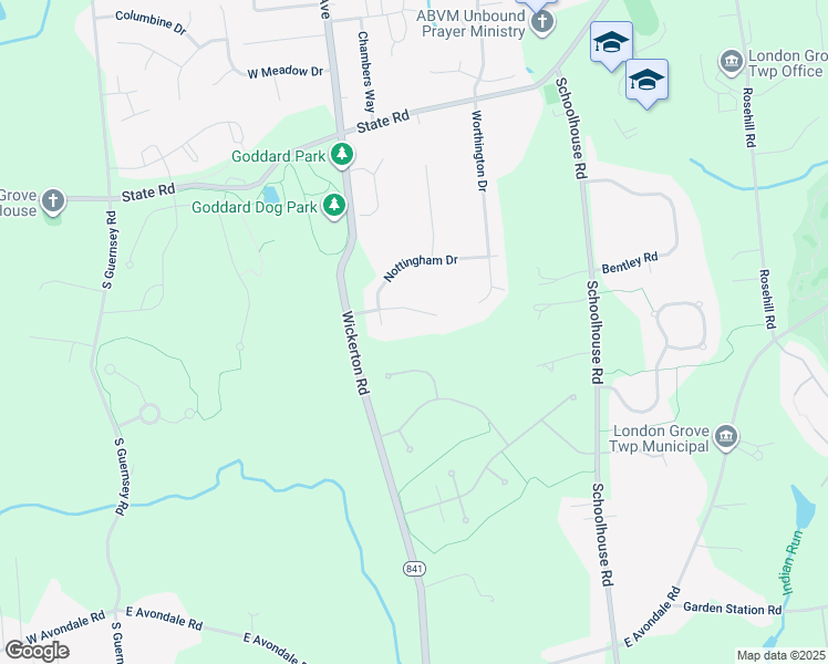 map of restaurants, bars, coffee shops, grocery stores, and more near 14 Stratford Drive in West Grove