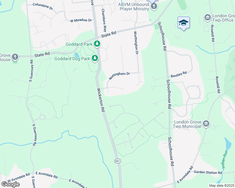 map of restaurants, bars, coffee shops, grocery stores, and more near 14 Stratford Drive in West Grove