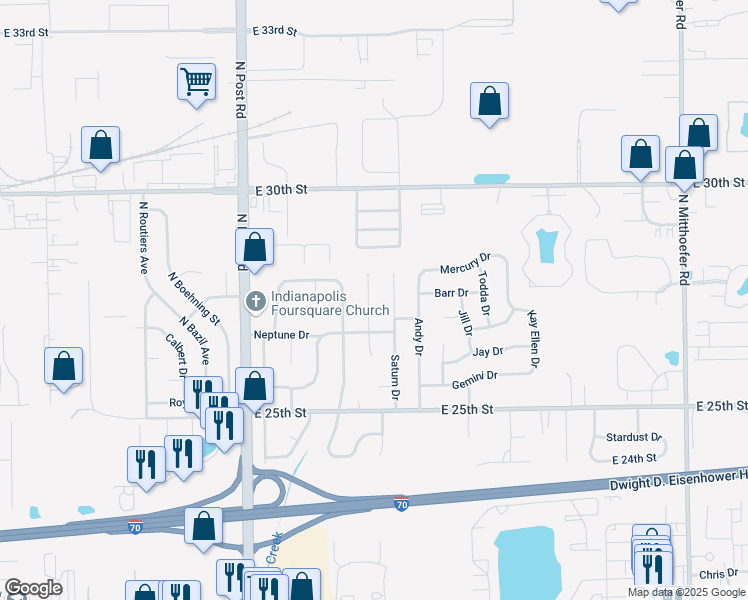 map of restaurants, bars, coffee shops, grocery stores, and more near 9236 Neptune Drive in Indianapolis