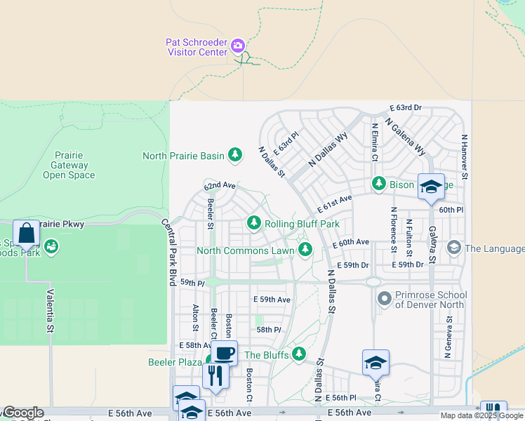 map of restaurants, bars, coffee shops, grocery stores, and more near 6103 Chester Way in Denver