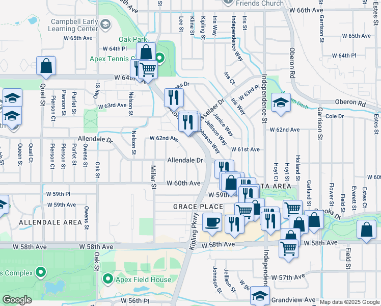 map of restaurants, bars, coffee shops, grocery stores, and more near 10050 Ralston Road in Arvada