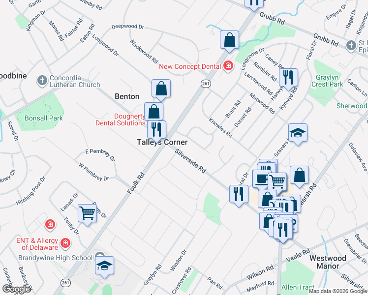 map of restaurants, bars, coffee shops, grocery stores, and more near 1800 Bryce Drive in Wilmington