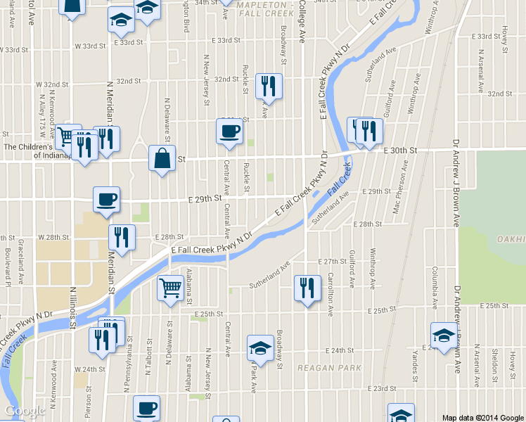 map of restaurants, bars, coffee shops, grocery stores, and more near 536 East 29th Street in Indianapolis