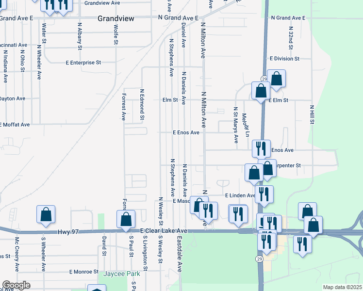 map of restaurants, bars, coffee shops, grocery stores, and more near 629 North Daniels Avenue in Springfield