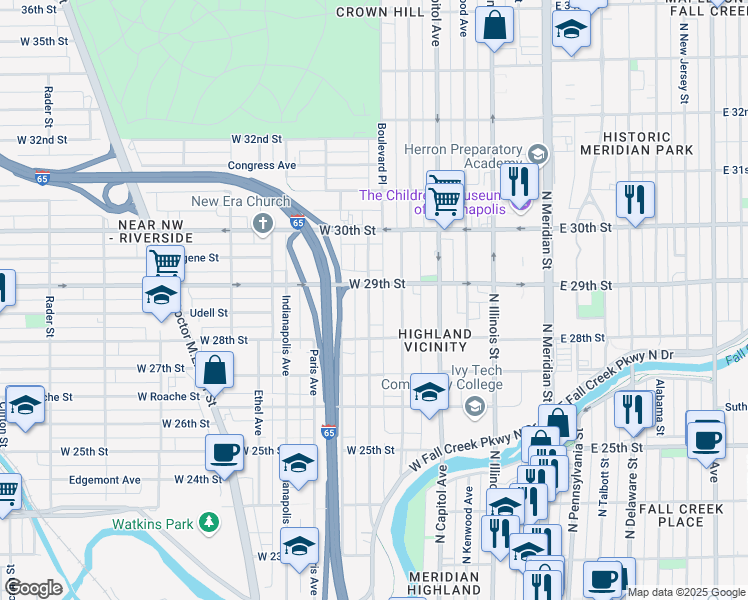 map of restaurants, bars, coffee shops, grocery stores, and more near 2857 Highland Place in Indianapolis