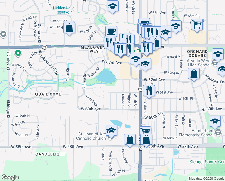 map of restaurants, bars, coffee shops, grocery stores, and more near 12745 West 61st Avenue in Arvada