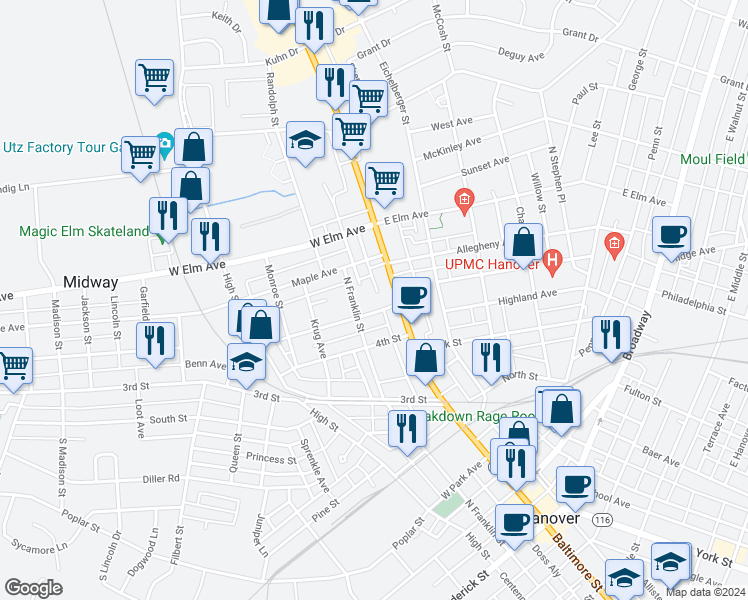map of restaurants, bars, coffee shops, grocery stores, and more near 555 Family Drive in Hanover