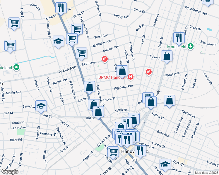 map of restaurants, bars, coffee shops, grocery stores, and more near 24 Highland Avenue in Hanover