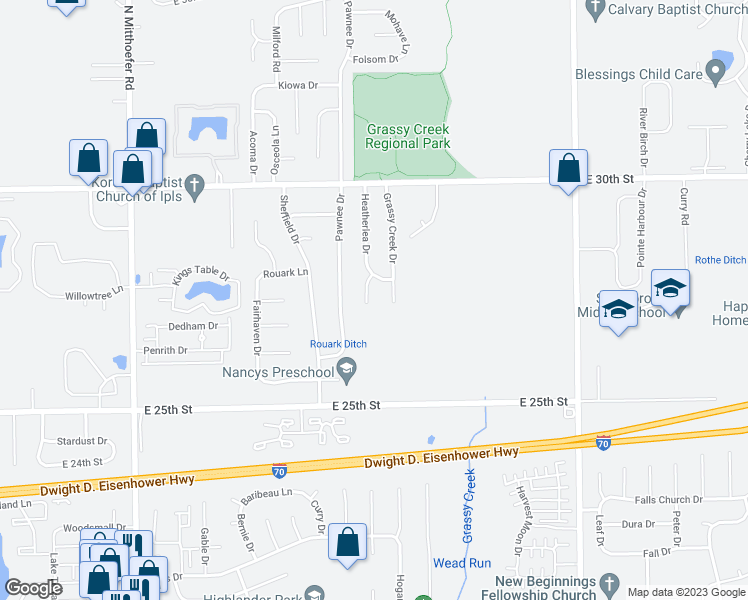 map of restaurants, bars, coffee shops, grocery stores, and more near 2711 Heatherlea Court in Indianapolis