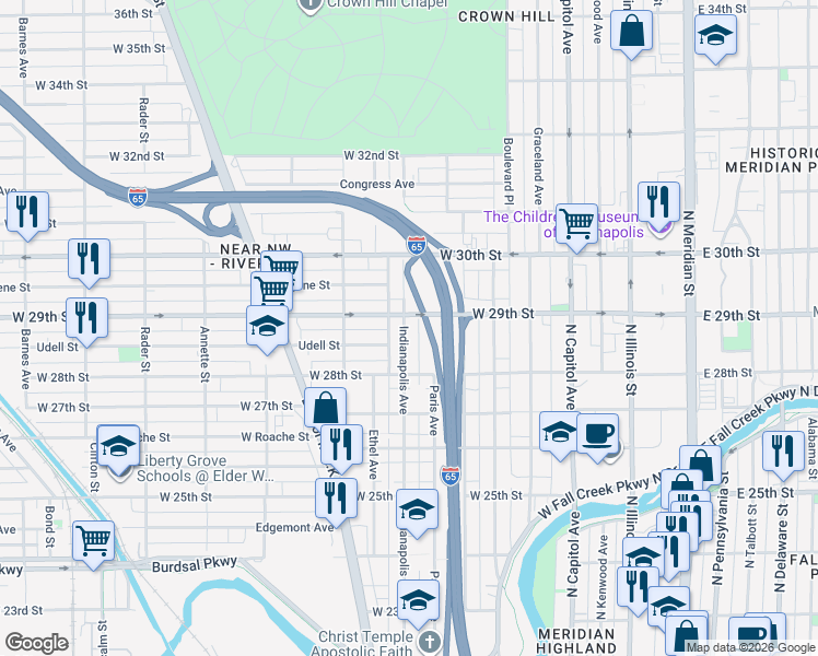 map of restaurants, bars, coffee shops, grocery stores, and more near 450 West 29th Street in Indianapolis