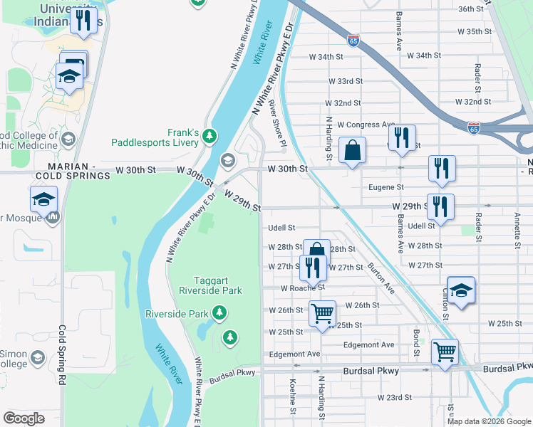 map of restaurants, bars, coffee shops, grocery stores, and more near in Indianapolis