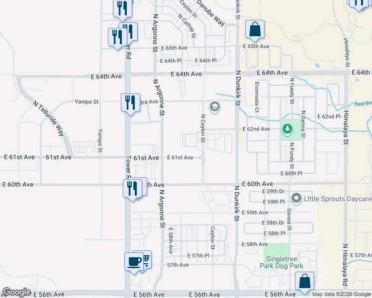 map of restaurants, bars, coffee shops, grocery stores, and more near Argonne Street in Denver