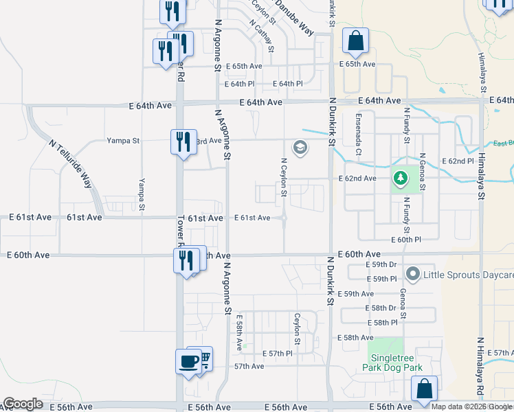 map of restaurants, bars, coffee shops, grocery stores, and more near Argonne Street in Denver